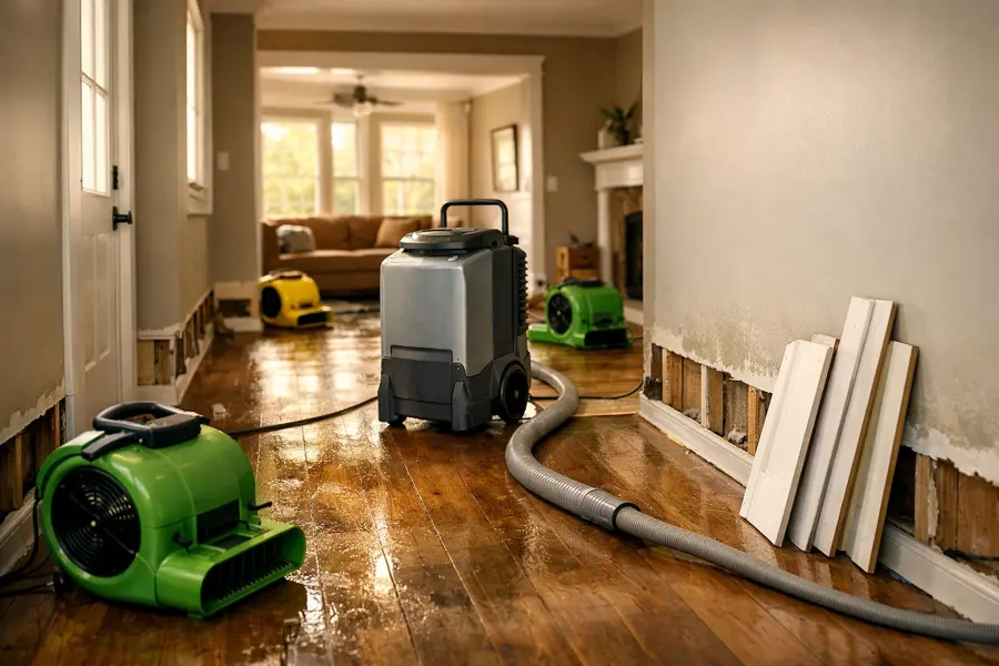 Restoration technician drying a floor in a Marietta, GA home